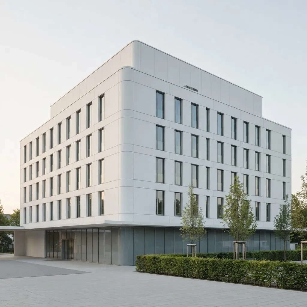 Minimalist hospital render on the reserved land — a recessed glazed ground floor under a white volume with softly rounded corners, four floors of tall narrow windows and a recessed rooftop technical level